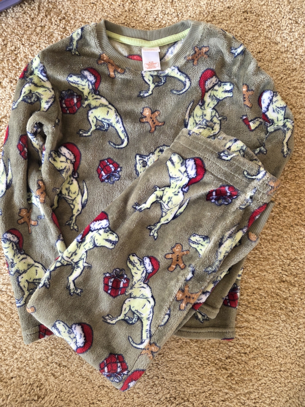Cozy Olive Dinosaur Holiday Kids Pajama Set